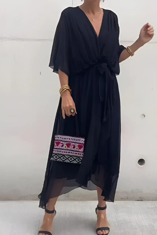 Elegant women's flowing maxi dress for formal occasions. Comfortable long summer evening wear. Chic and modest party dress.