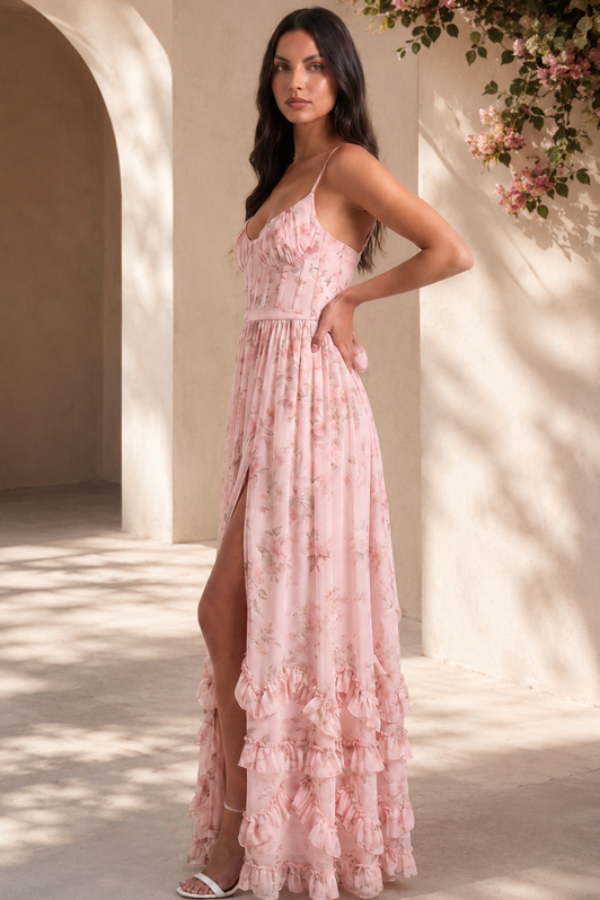 Graceful women's flowing maxi dress. Elegant formal gown for special occasions & sophisticated evening events.