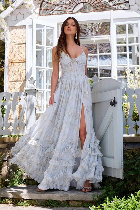 Women's sophisticated maxi event dress. Flowing elegant long gown for formal wear and special occasions.
