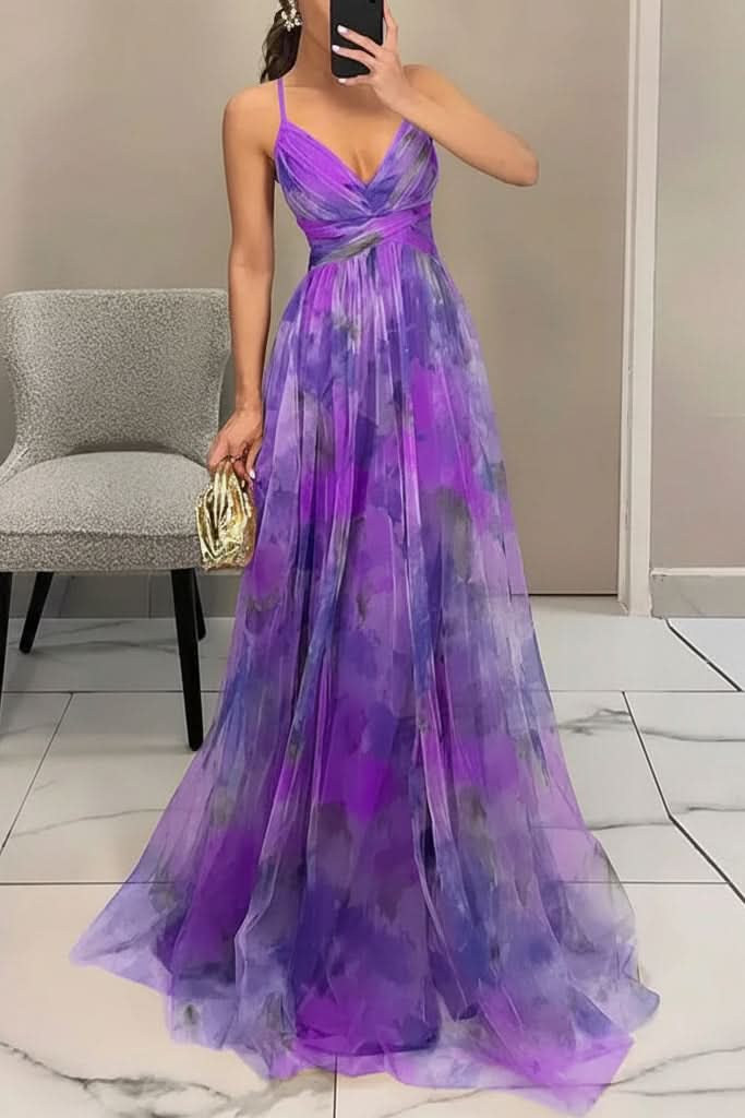 Close-up of the women's flowy sleeveless maxi dress fabric & elegant neckline. Versatile for any occasion.