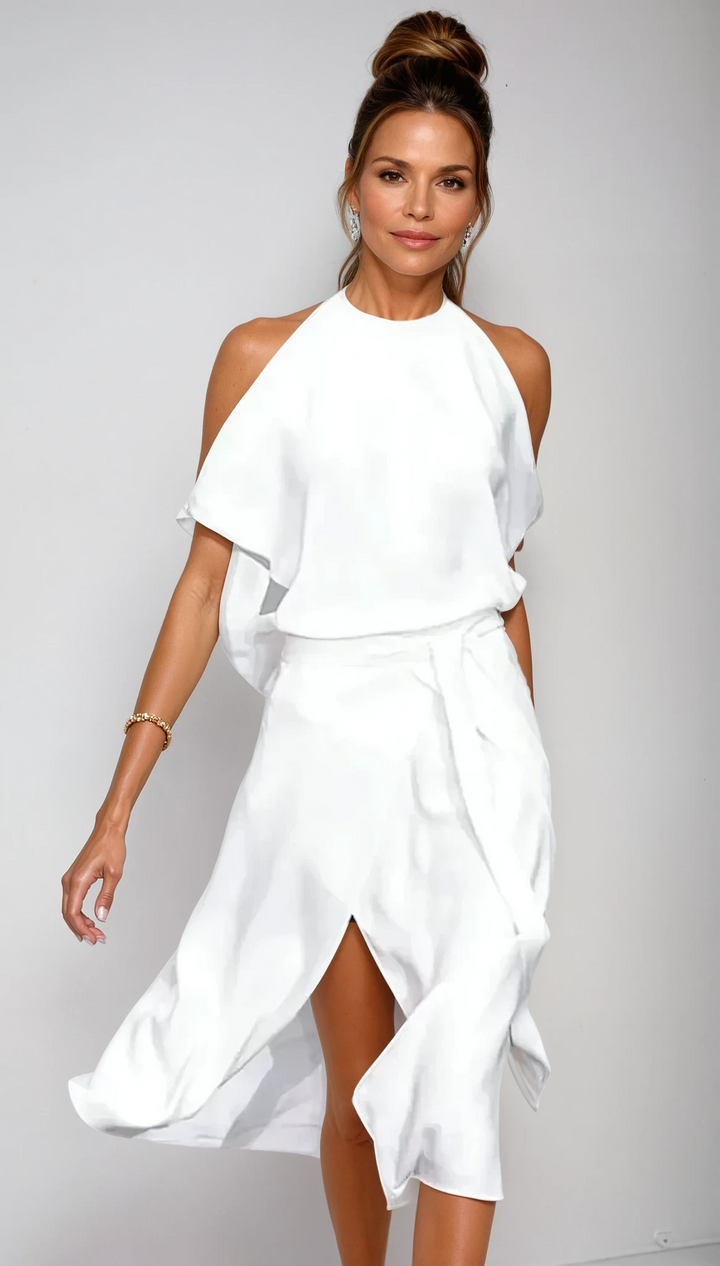 Elegant women's flowy A-line halter dress with a stylish leg slit, perfect for summer parties or date nights.