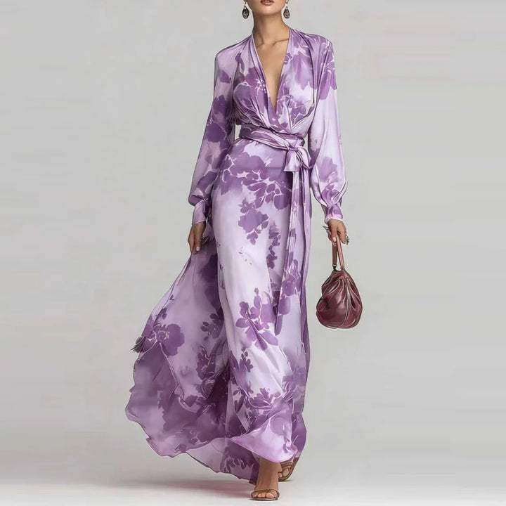 Beautiful V-neck flowy floral maxi dress for women, featuring a long, elegant silhouette & vibrant summer print.