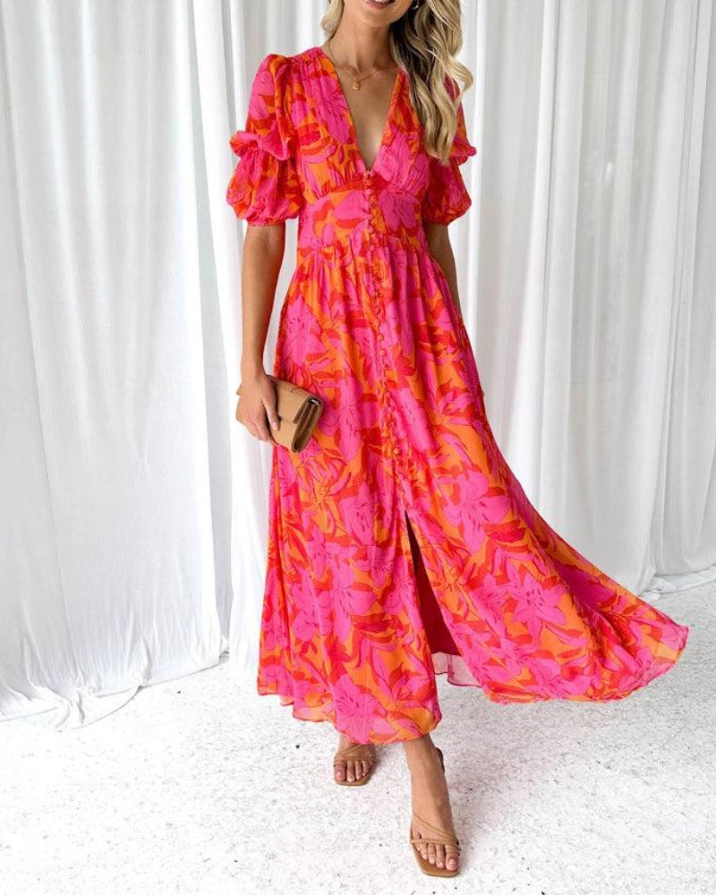 Elegant women's flowy maxi dress with V-neck & puff sleeves, perfect for summer special occasions.