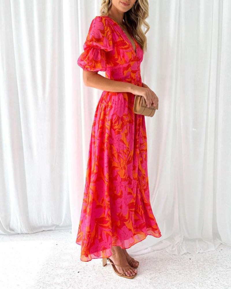 Stylish women's long maxi dress with puff sleeves & V-neck, an elegant choice for special occasions.