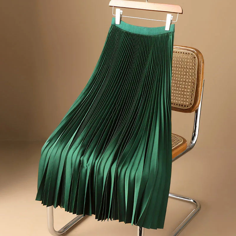 Elegant women's pleated A-line midi skirt, demonstrating its flowing fabric and chic style