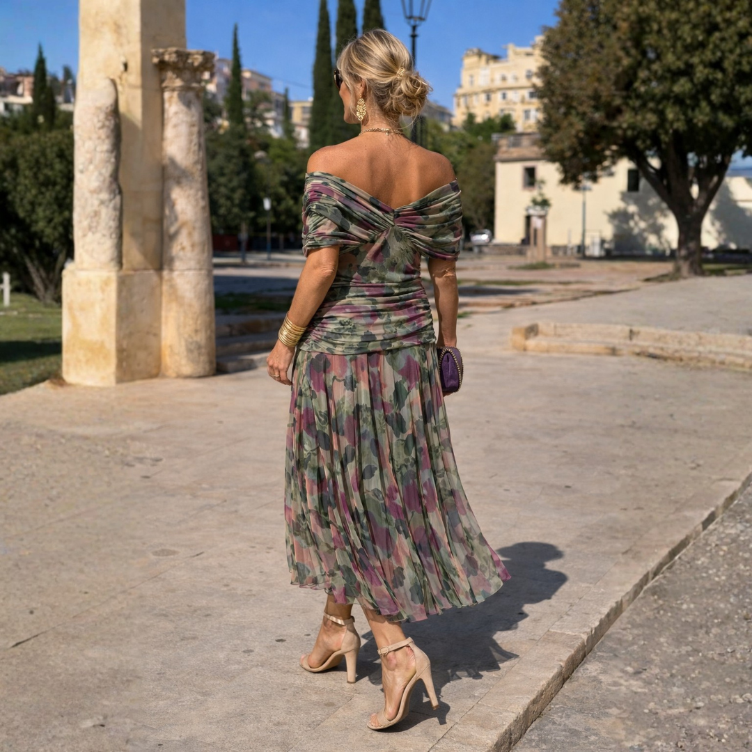 Classic women's V-neck midi dress with flutter sleeves, an elegant choice for cocktail and evening events.