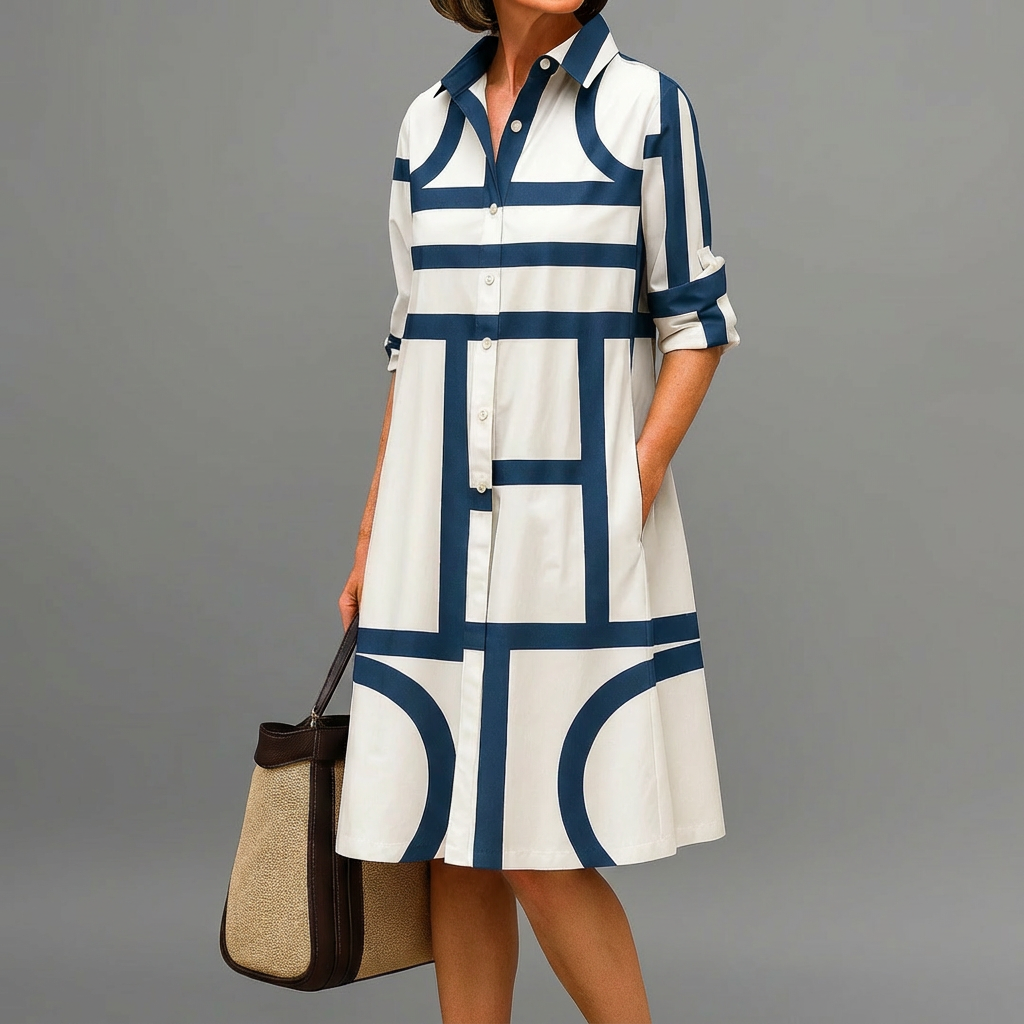 Elegant women's geometric print midi dress with A-line silhouette, shirt collar & button-down. Versatile for work or casual.