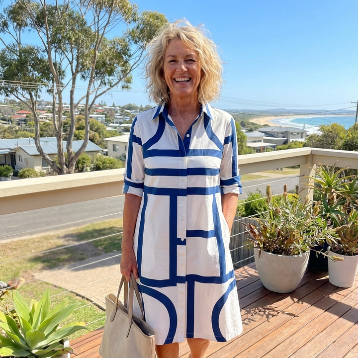 Chic women's A-line midi dress with elegant geometric print. Button-down, shirt collar, ideal for both work and casual wear.