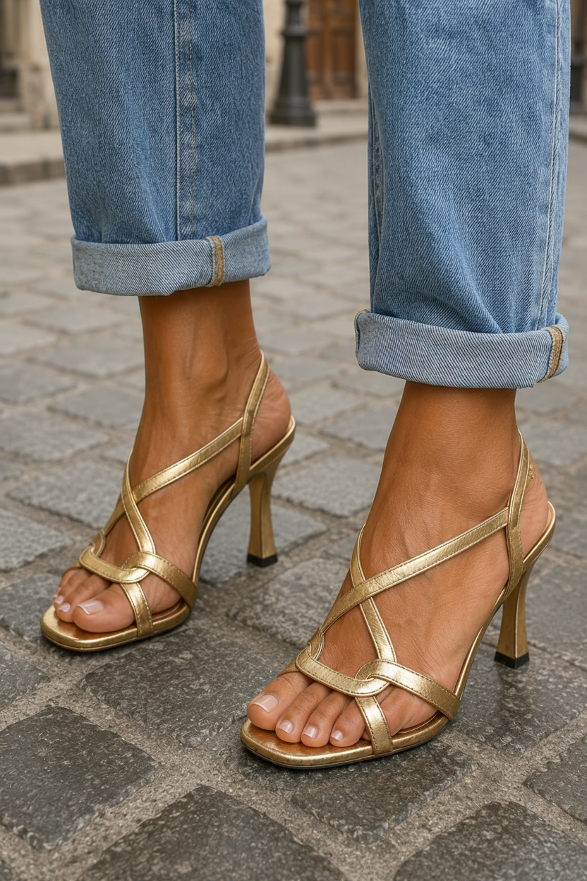 Stylish women's golden heel dress sandals with shimmering straps, ideal for cocktail parties & special occasions.