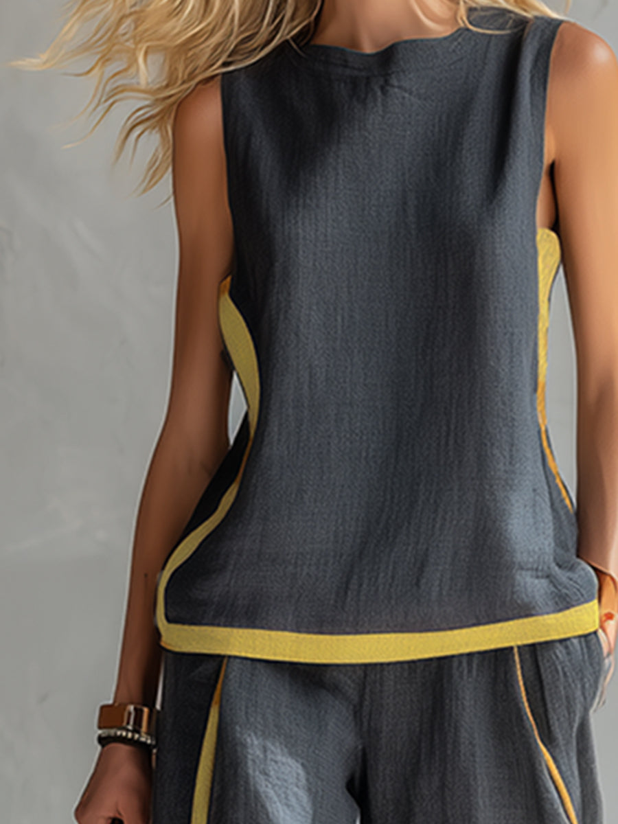 Women's chic gray matching vest and pants set. A versatile two-piece co-ord for elegant or casual looks.