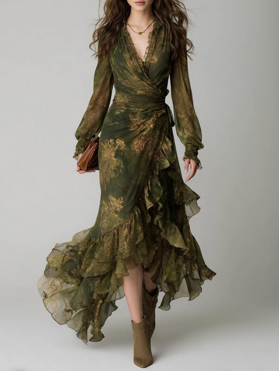 Elegant women's green floral wrap maxi dress with V-neck & ruffle tiered skirt, perfect for garden parties or autumn.