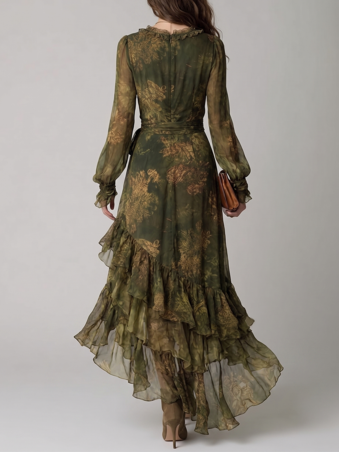 Feminine green floral wrap maxi dress for women, featuring a V-neck & tiered ruffles, ideal for special occasions.