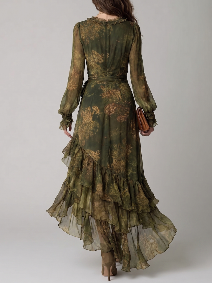 Feminine green floral wrap maxi dress for women, featuring a V-neck & tiered ruffles, ideal for special occasions.
