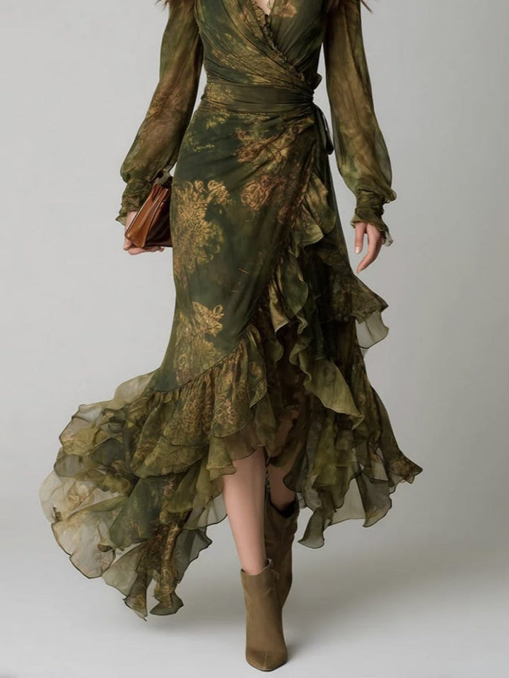 Women's elegant green floral print wrap maxi dress, V-neck, ruffled tiered skirt. Perfect for chic autumn events.
