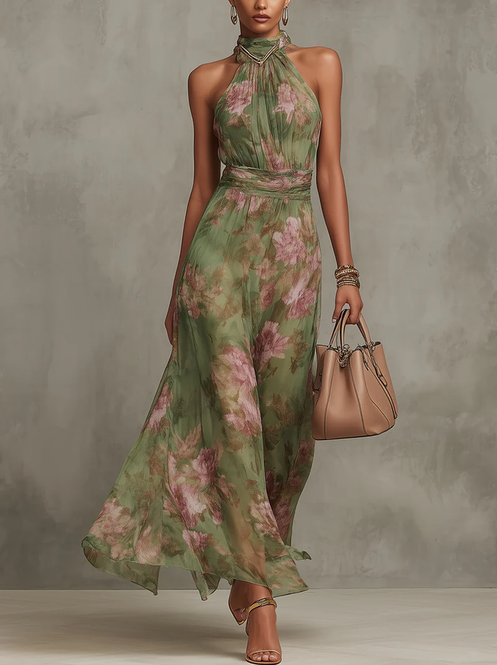 Elegant women's green halter maxi dress, perfect for wedding guests or formal evening events. A-line style.