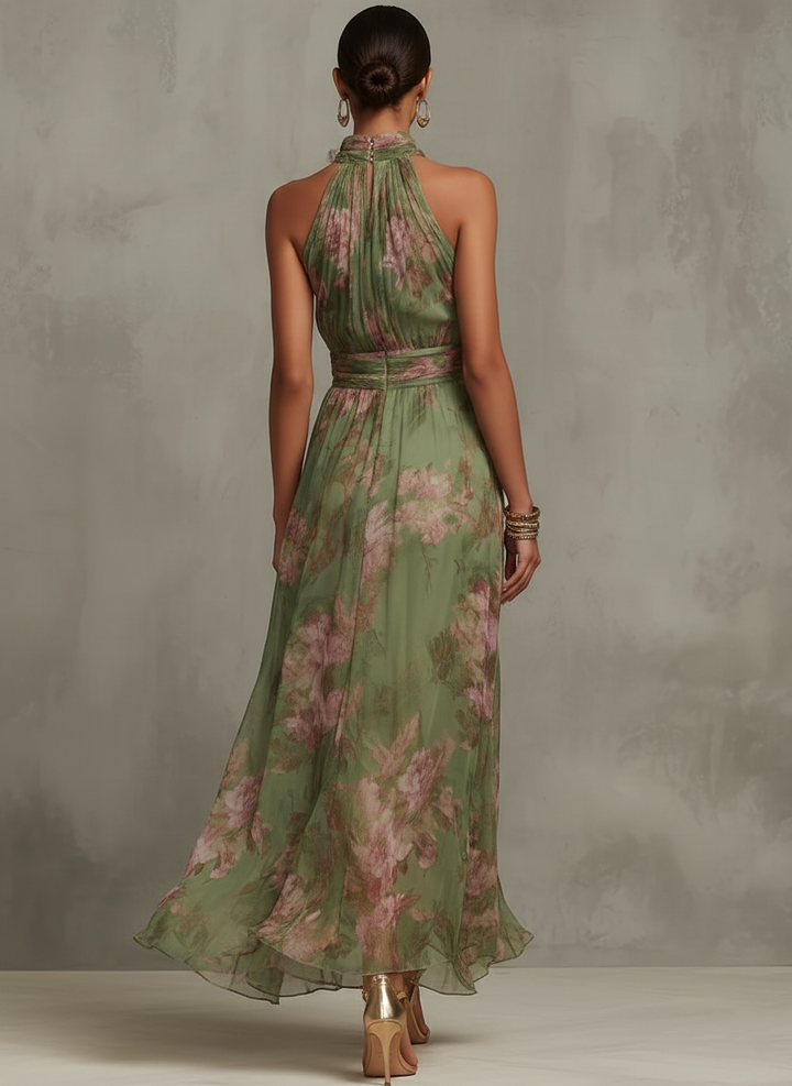 Stylish green halter neck maxi dress for women, ideal as a wedding guest outfit, party dress, or special occasion gown.