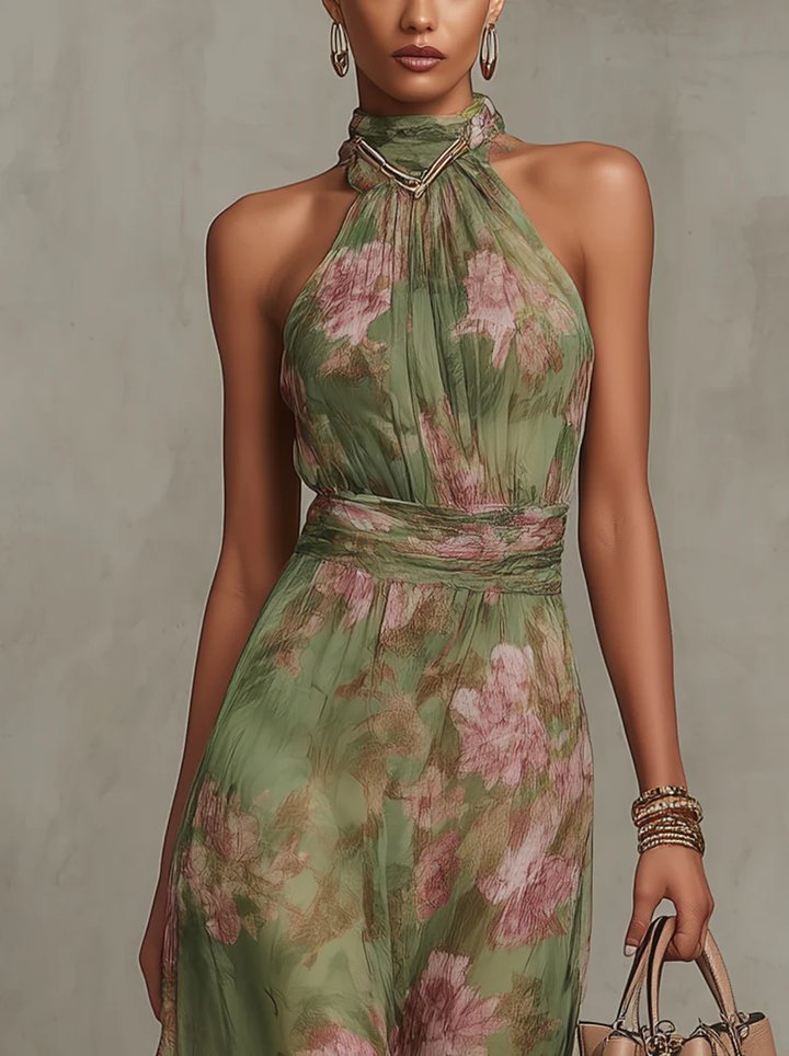 Long elegant women's green A-line maxi dress with a sophisticated halter neck, suitable for formal events & parties.