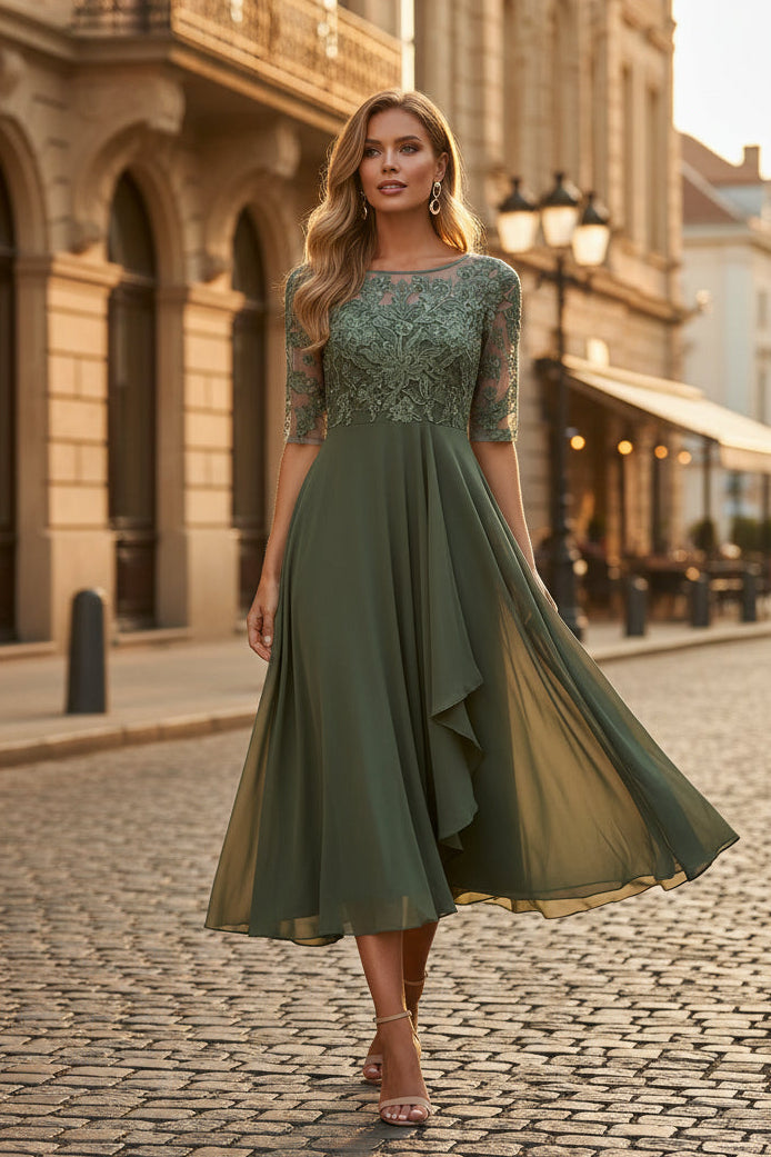 Graceful women's half-sleeve evening dress, a timeless elegant formal wear choice for any special occasion or party.