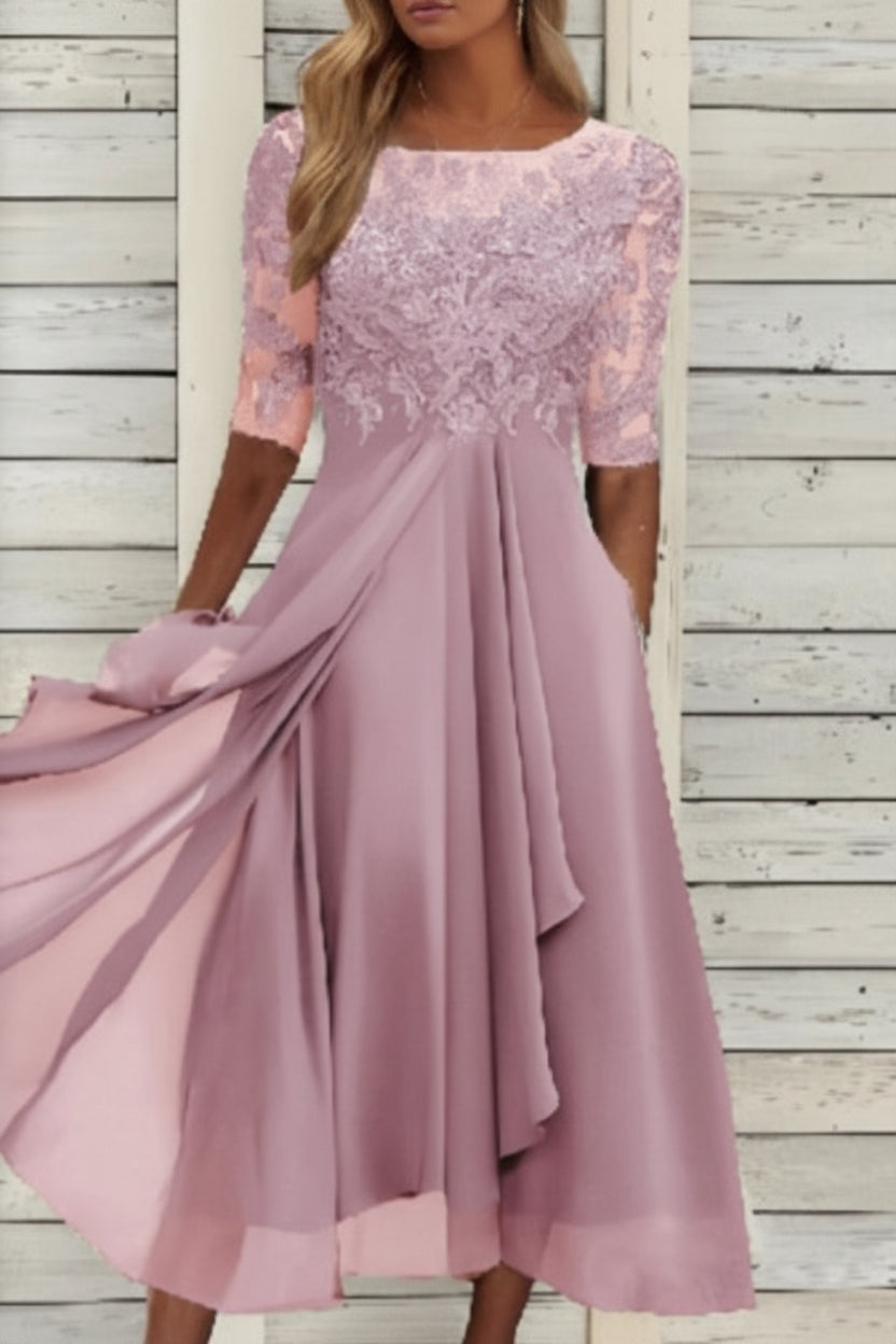 Chic women's half-sleeve formal evening dress. Versatile elegant wear for galas, cocktail parties & special occasions.
