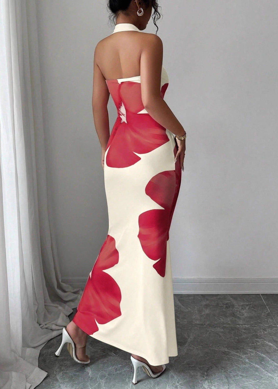 Stunning red floral halter maxi dress for women, offering elegant style for summer parties and events.