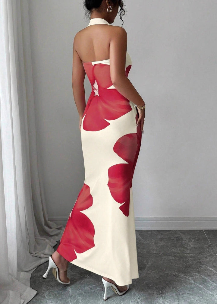 Stunning red floral halter maxi dress for women, offering elegant style for summer parties and events.
