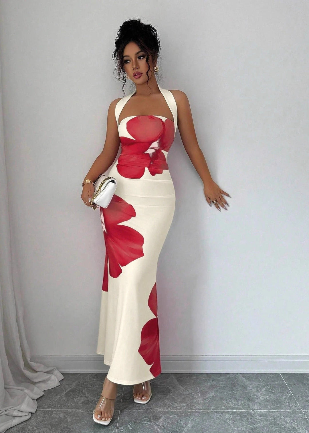 Beautiful blue floral long maxi dress with halter neck, a perfect elegant summer dress for any special occasion.
