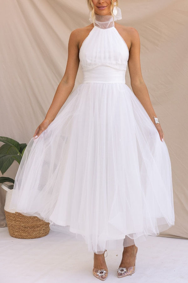 Classy women's formal maxi dress with halter neckline, an elegant choice for wedding guests & parties.