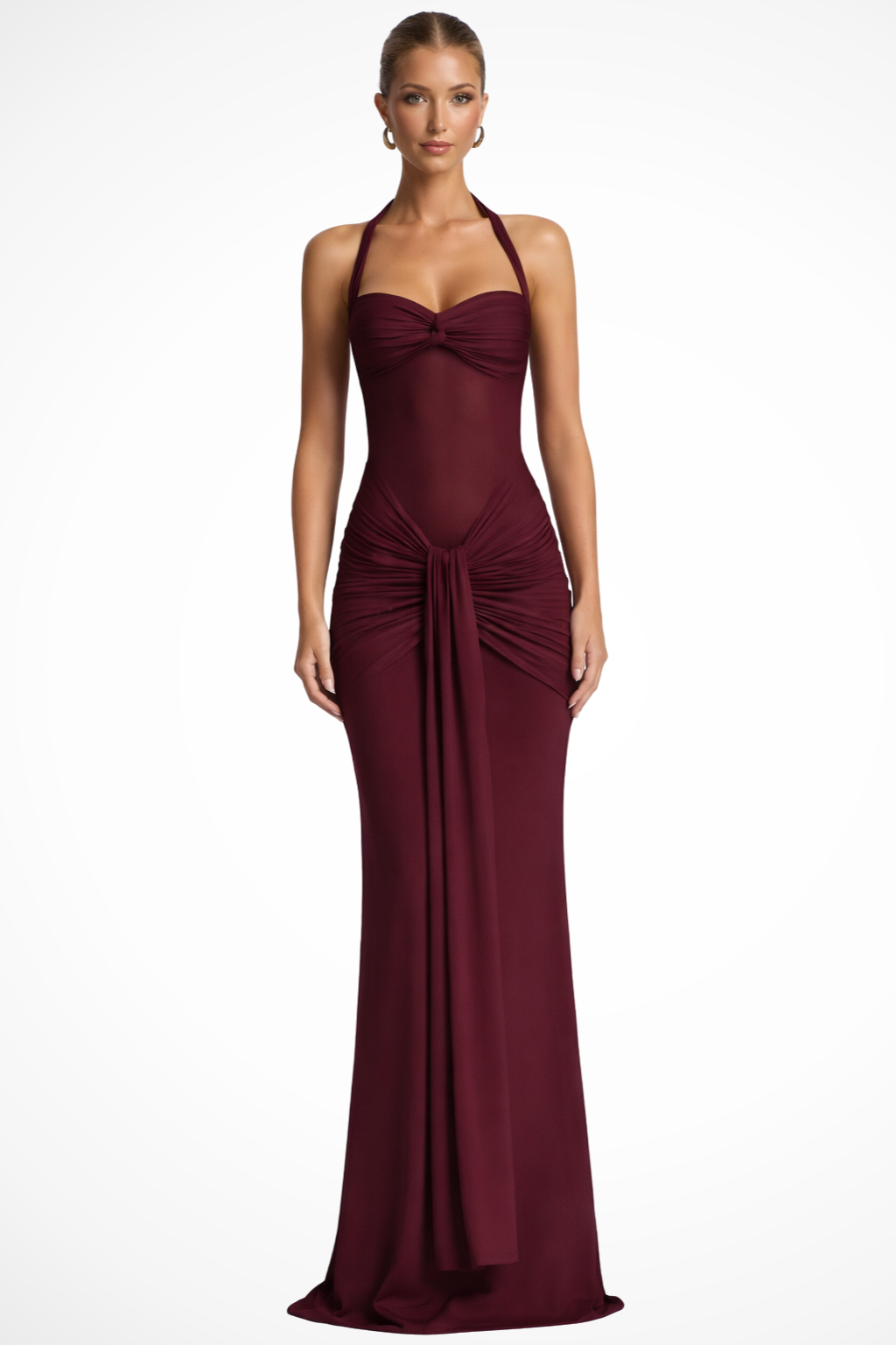 Elegant women's halter neck bodycon maxi dress with ruched details, perfect for evening wear & parties.