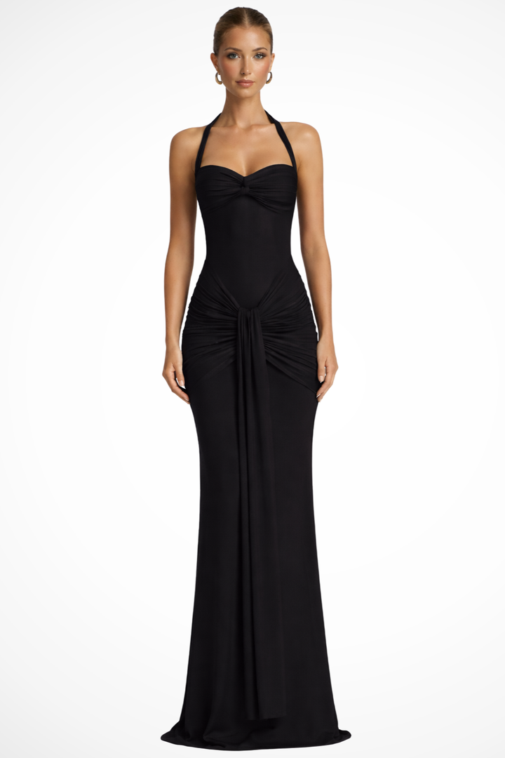 Stylish women's halter neck bodycon maxi dress. Ruched evening gown for elegant parties & events.
