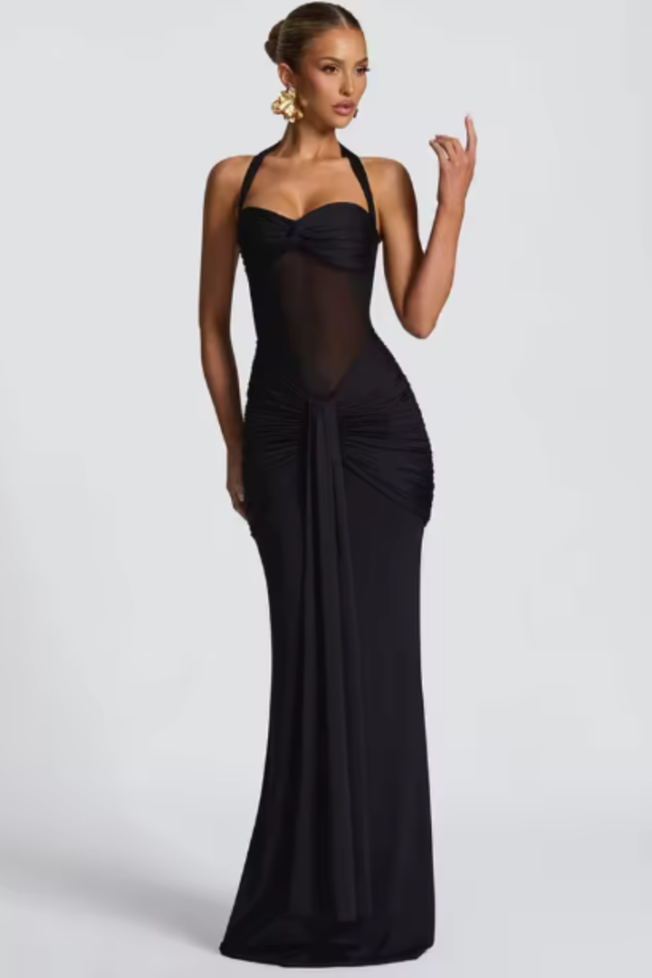 Chic women's ruched halter neck bodycon maxi dress, ideal as a party dress, cocktail dress, or evening gown.