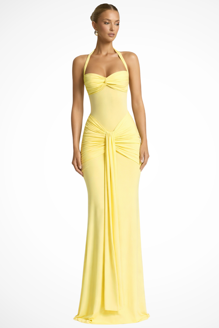 Formal women's bodycon maxi dress with a sophisticated halter neck, ruched design, and elegant silhouette.