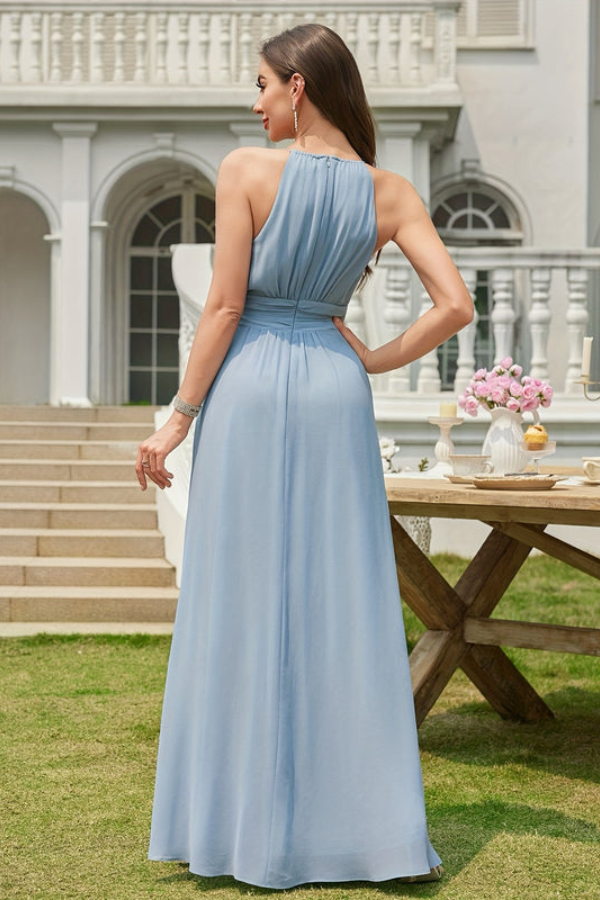 Sophisticated A-line halter keyhole maxi dress, ideal for bridesmaids, prom, or special occasion guests.