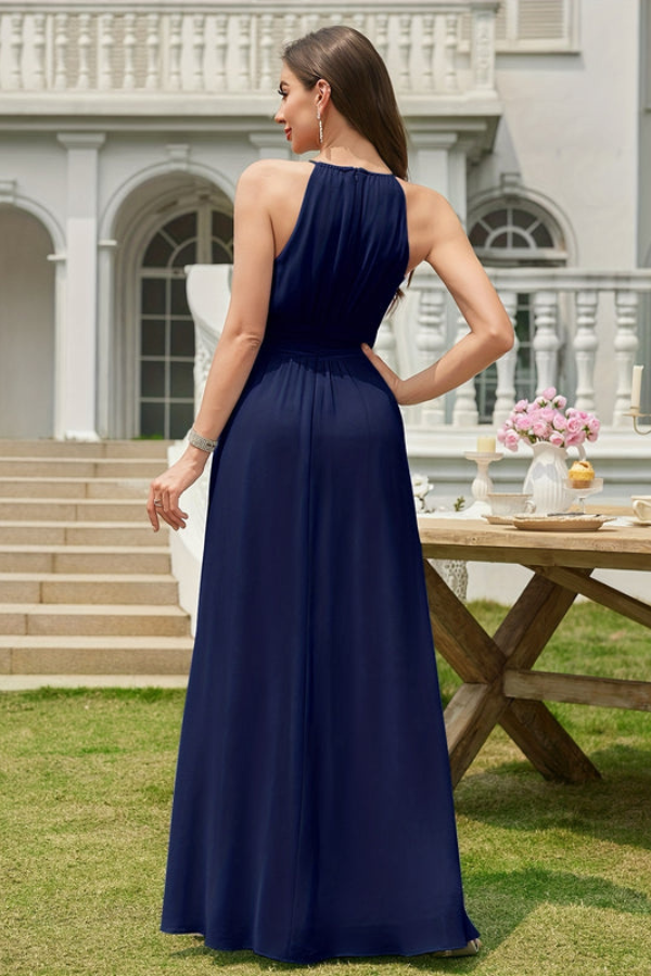 Flowy A-line halter neck maxi dress for women, suitable as an evening gown or special occasion dress.