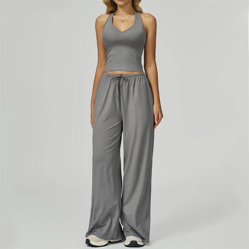 Stylish two-piece women's lounge set featuring a chic halter top and wide-leg pants for ultimate comfort