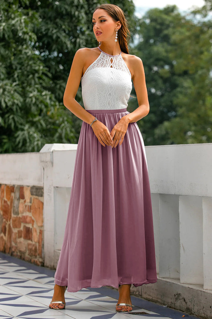 Contemporary design of a women's long halter dress, a perfect choice for modern formal wear.
