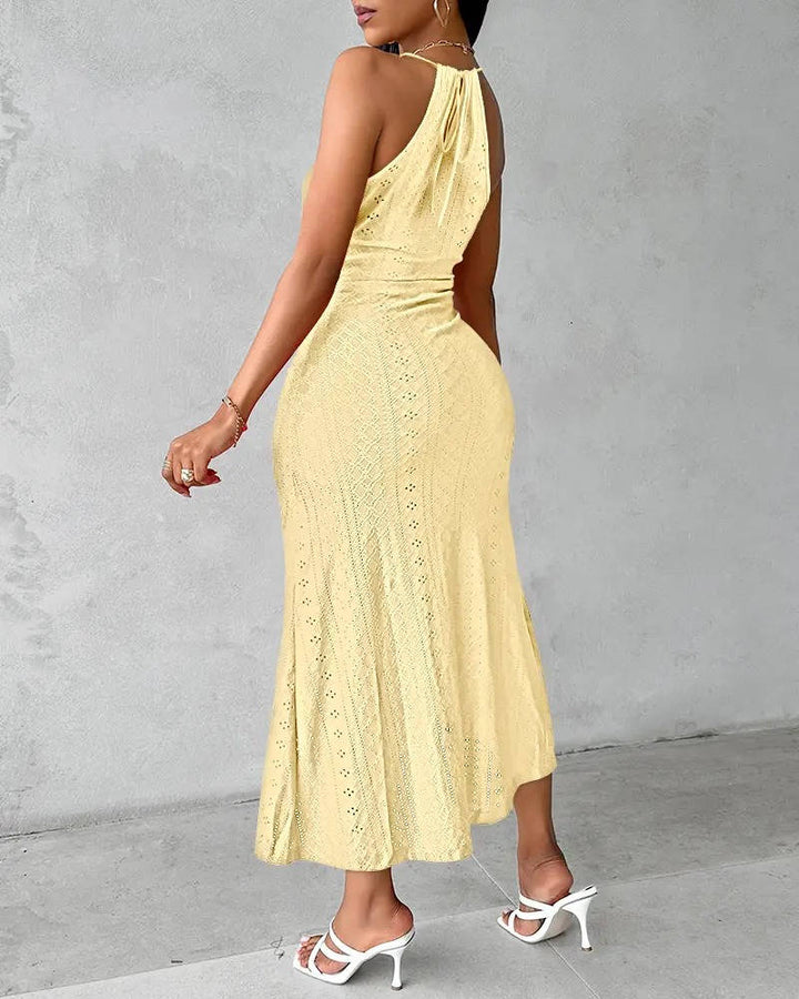 Women's elegant halter neck maxi dress, perfect for formal evening events, parties, or vacation wear.