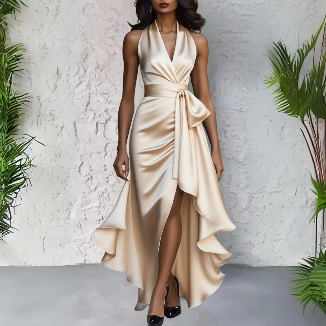 Elegant women's halter neck maxi dress with wrap waist for formal evenings & special occasions.