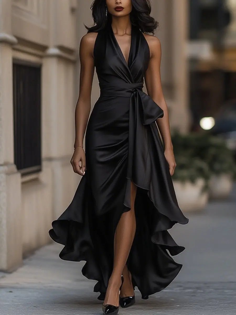 Special occasion women's halter neck maxi dress, elegant long design perfect for evening events.