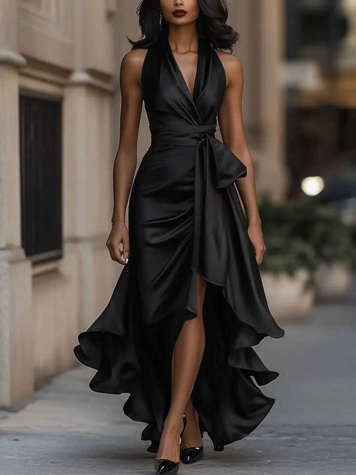 Special occasion women's halter neck maxi dress, elegant long design perfect for evening events.