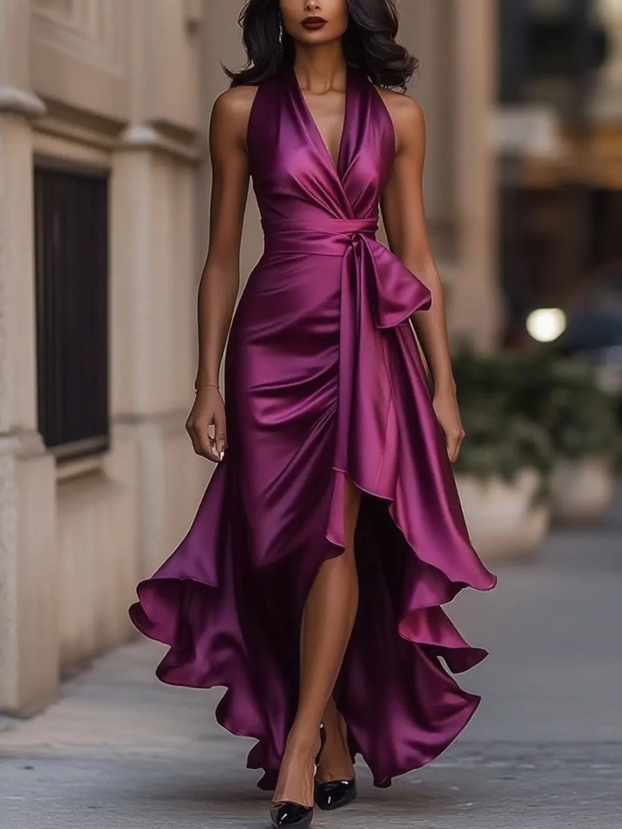 Stunning women's evening halter neck maxi dress, a formal long gown with an elegant wrap waist.