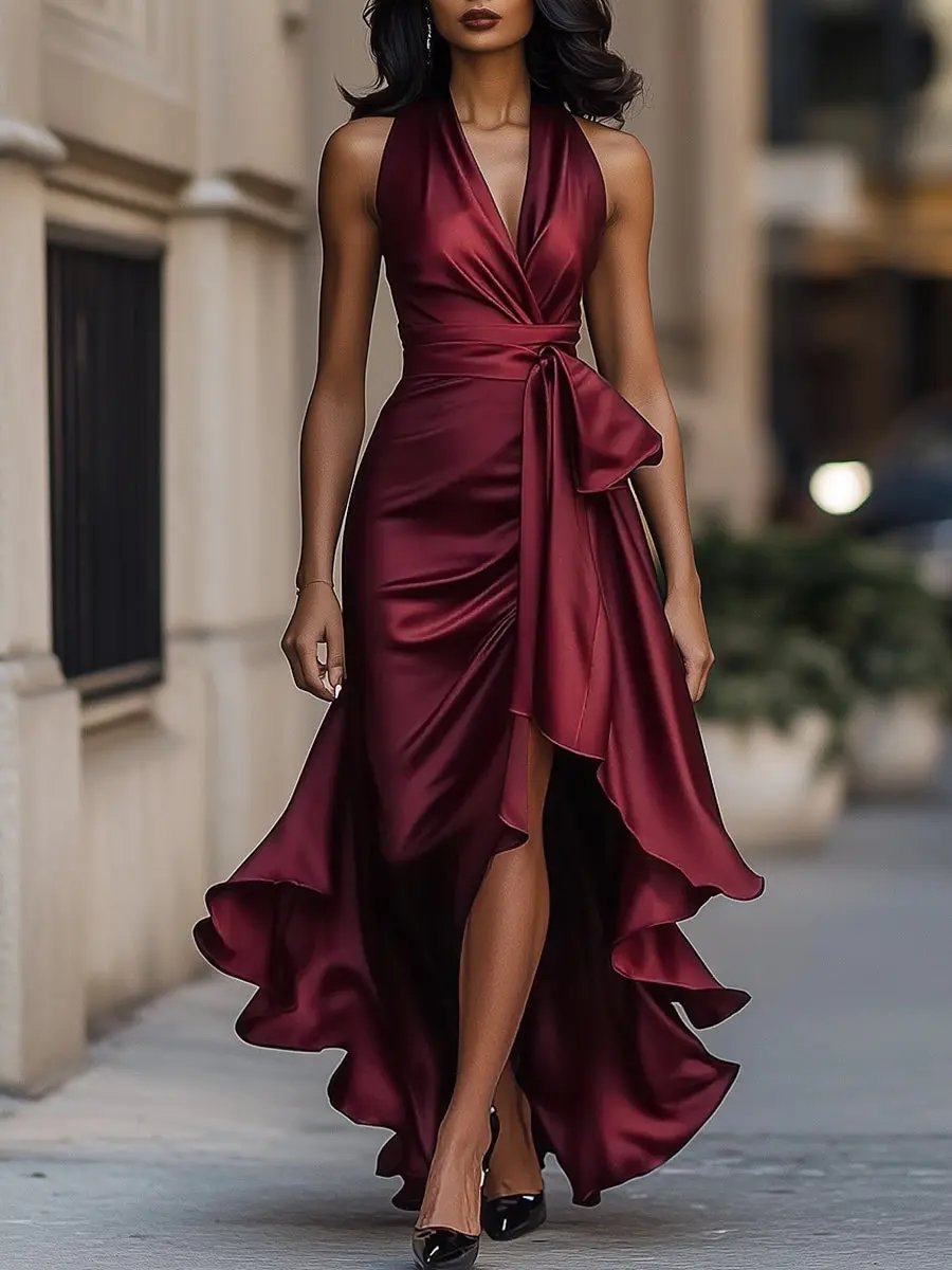Comfortable & elegant women's halter neck maxi dress, perfect long evening wear for special events.