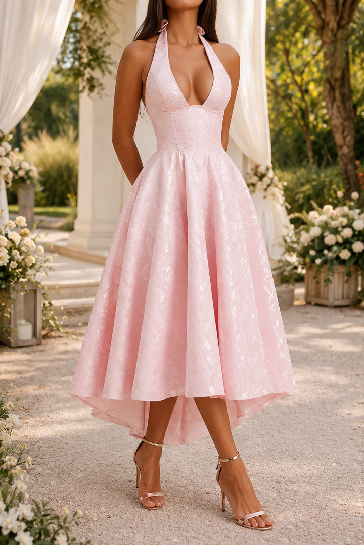 Elegant women's halter neck midi wedding guest dress with a flattering fitted waist, perfect for special occasions.