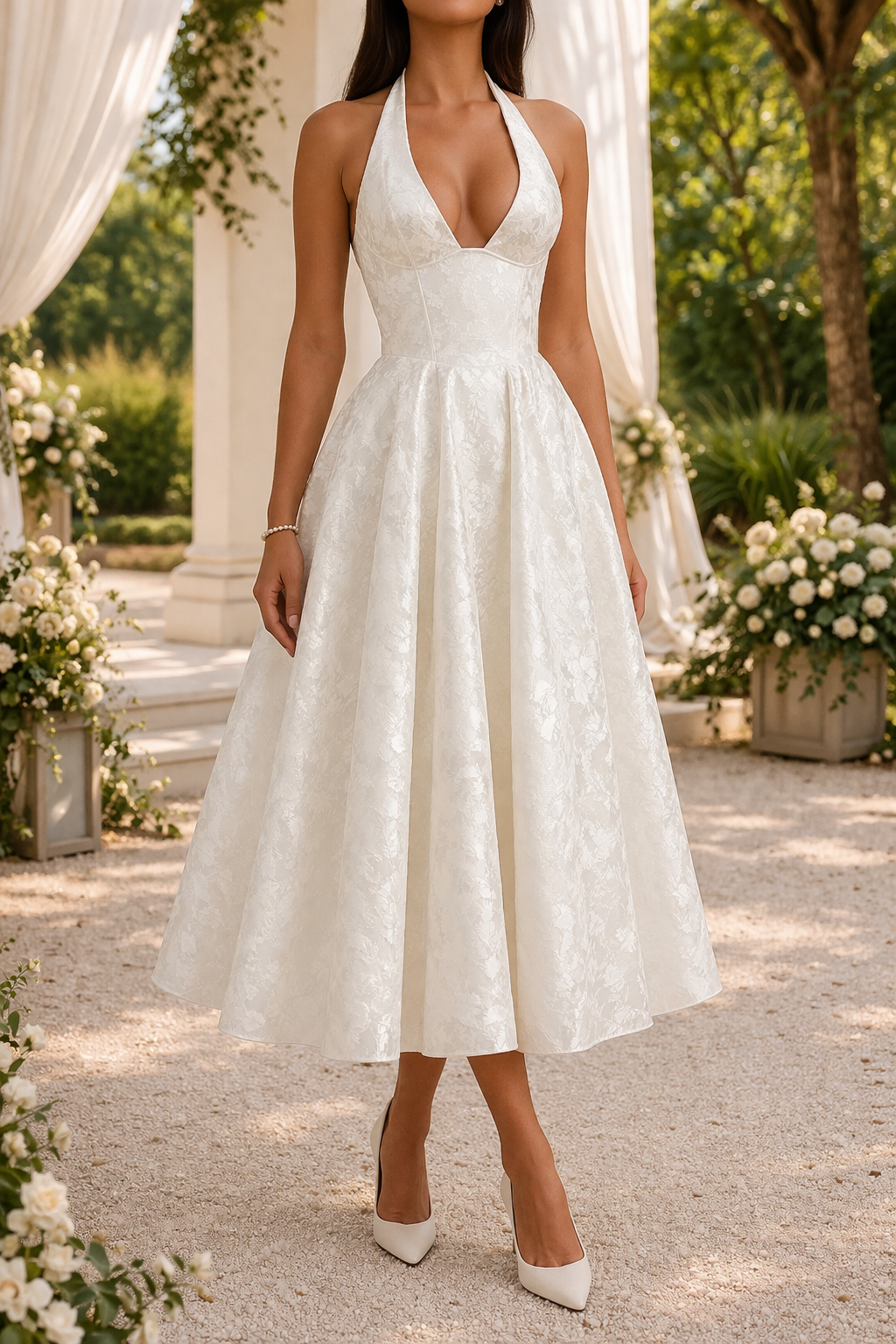 Stylish women's halter neck midi dress for wedding guests, parties, or formal evening events. Features a fitted waist.
