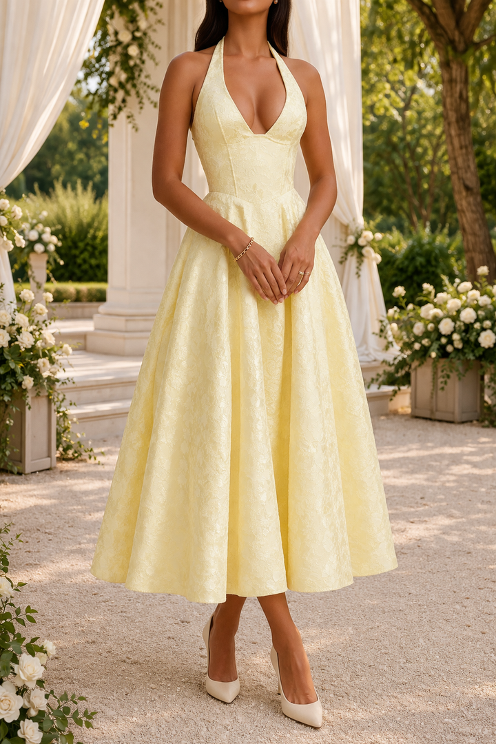 Flattering women's halter neck midi party dress with a fitted waist, an elegant choice for cocktail and evening events.