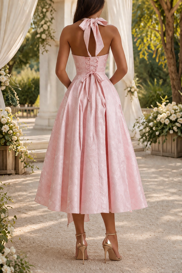 Beautiful women's formal midi dress with a halter neck and fitted waist, suitable for elegant wedding guests or parties.