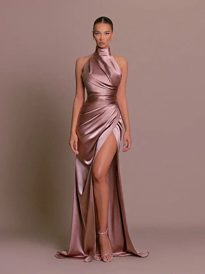 Elegant Women's Halter Neck Ruched Maxi Dress with high split, perfect formal evening gown for special occasions.