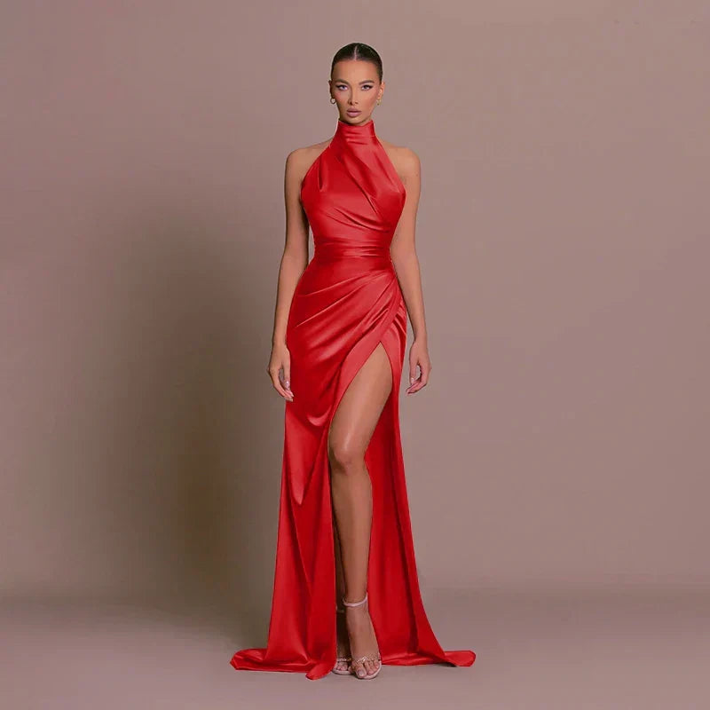 Bodycon Halter Neck Ruched Maxi Dress. Versatile high split formal evening gown for women's party wear.