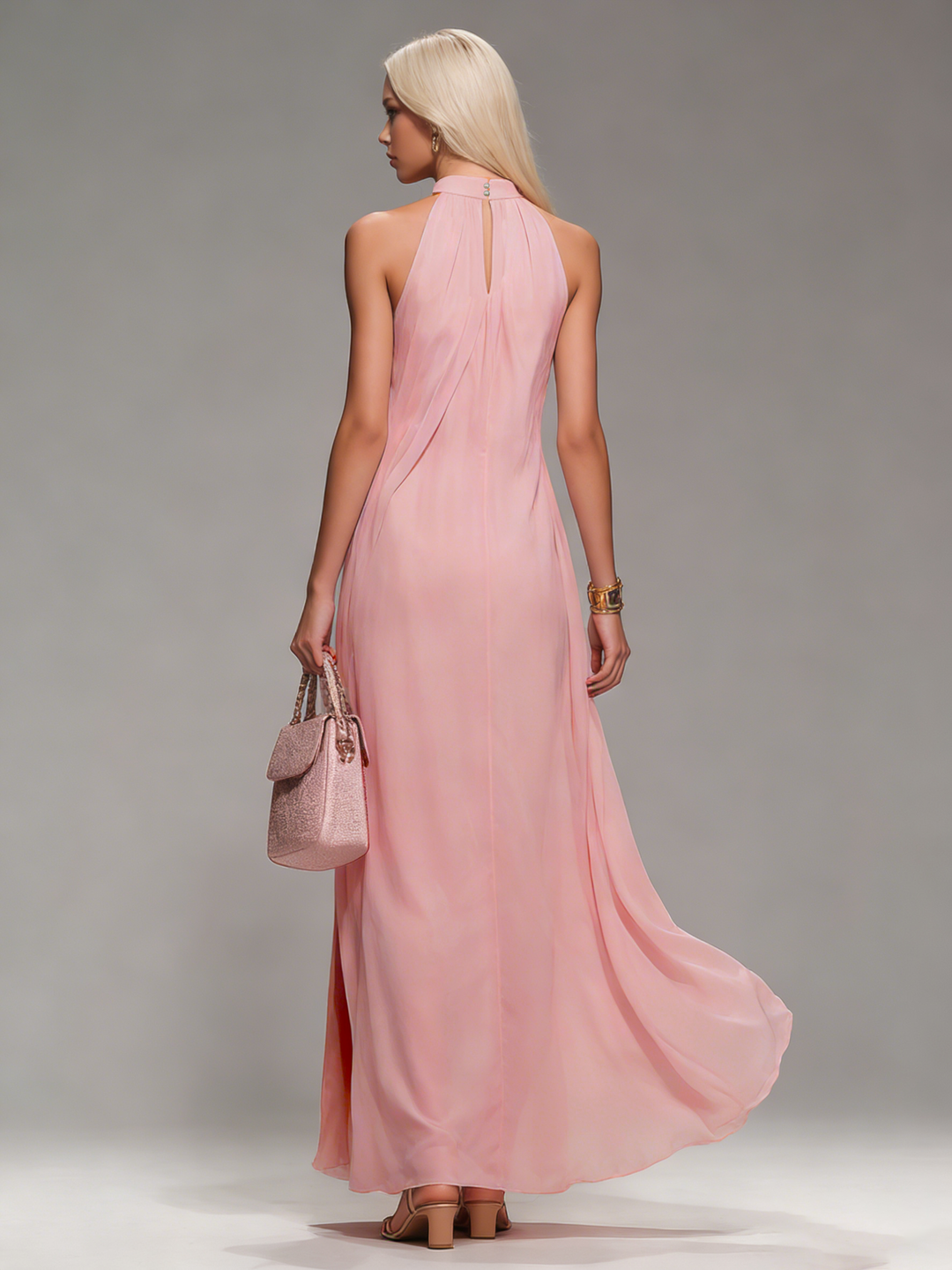 Flowy casual halter neck maxi dress for women, sleeveless with a chic side slit, ideal for vacation or beach.