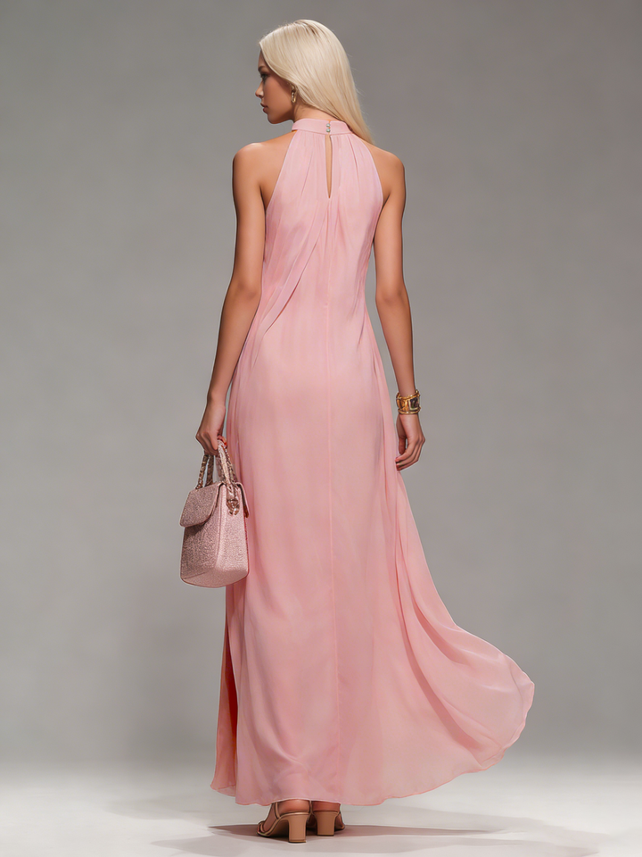 Flowy casual halter neck maxi dress for women, sleeveless with a chic side slit, ideal for vacation or beach.