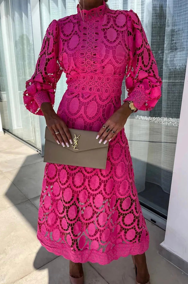 Elegant women's high neck long sleeve A-line midi dress, perfect for formal occasions & parties.